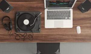 turntable, computer, workspace, workstation, flat lay, laptop, top view, audio, equipment, music, record, notebook, table, mockup, computer, music, music, music, music, music